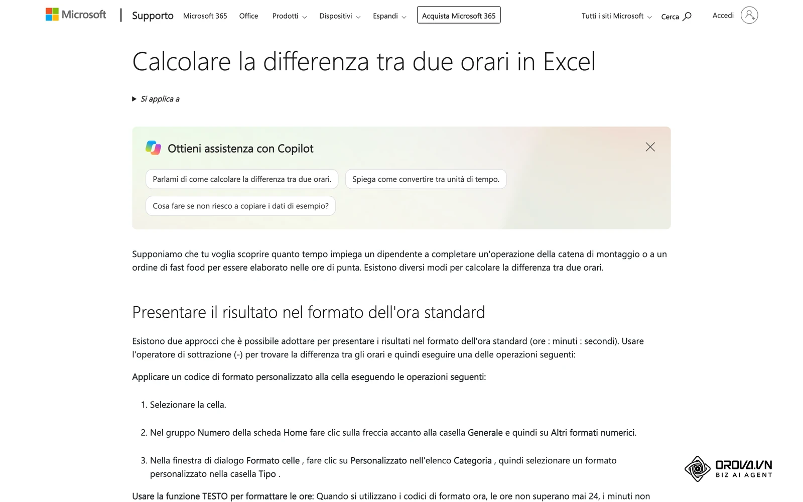 Guida di supporto Microsoft (italiano) «Calcolare la differenza tra due orari in Excel»: come sottrarre due orari e formattare il risultato.