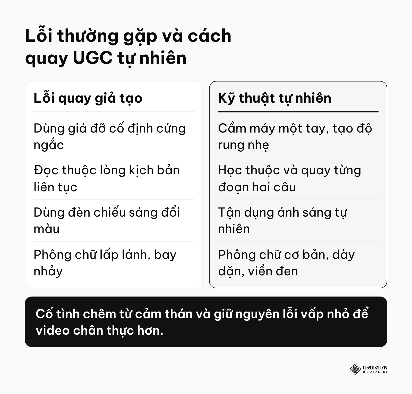 So sánh kỹ thuật quay video UGC: các lỗi gây giả tạo và cách làm tự nhiên