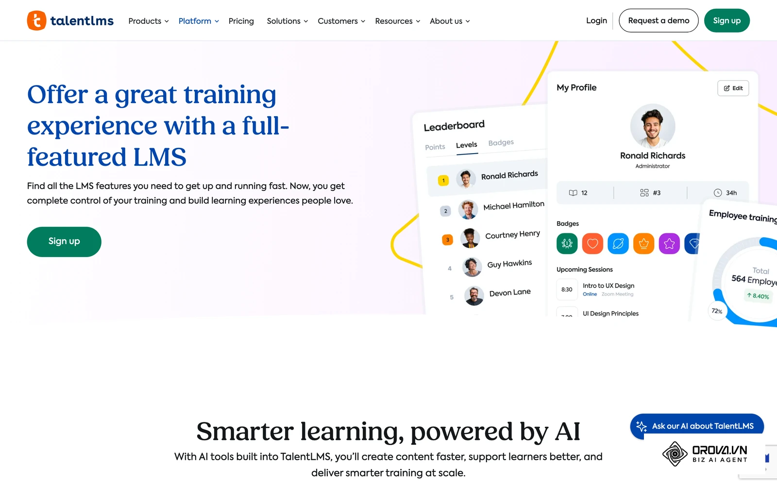 TalentLMS features page showing the admin profile, leaderboard, and badge screens of a cloud based LMS.