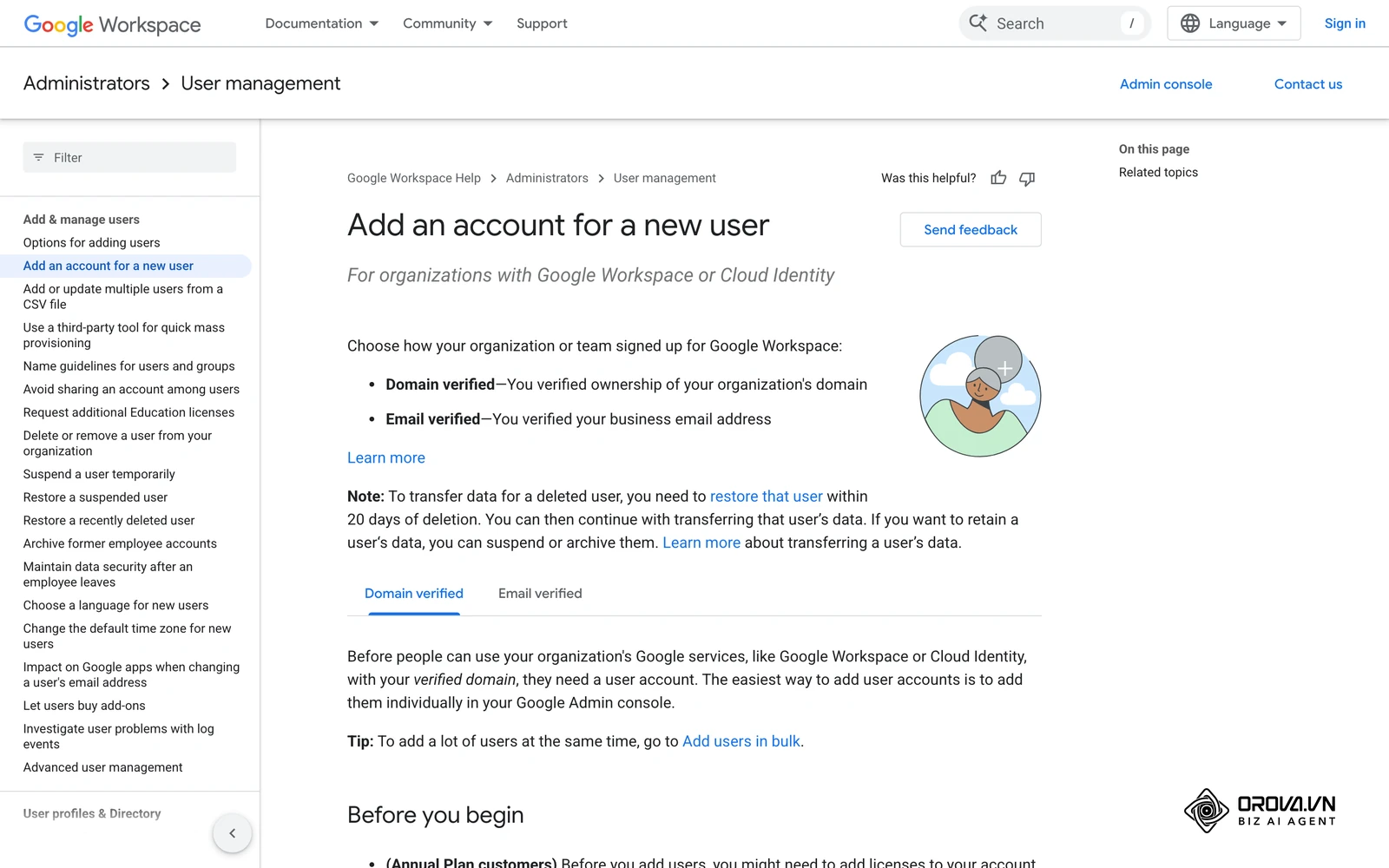 Google Workspace palīdzības lapa "Add an account for a new user": kā administrators izveido kontu jaunajam darbiniekam pirms pirmās darba dienas.