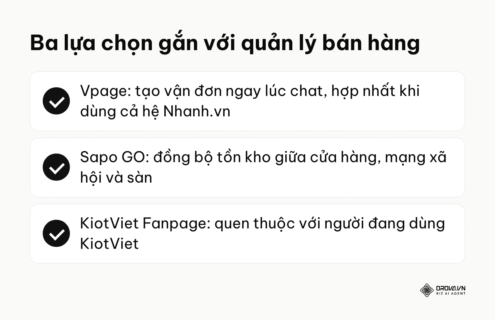 Tóm tắt điểm mạnh của Vpage, Sapo GO và KiotViet Fanpage.