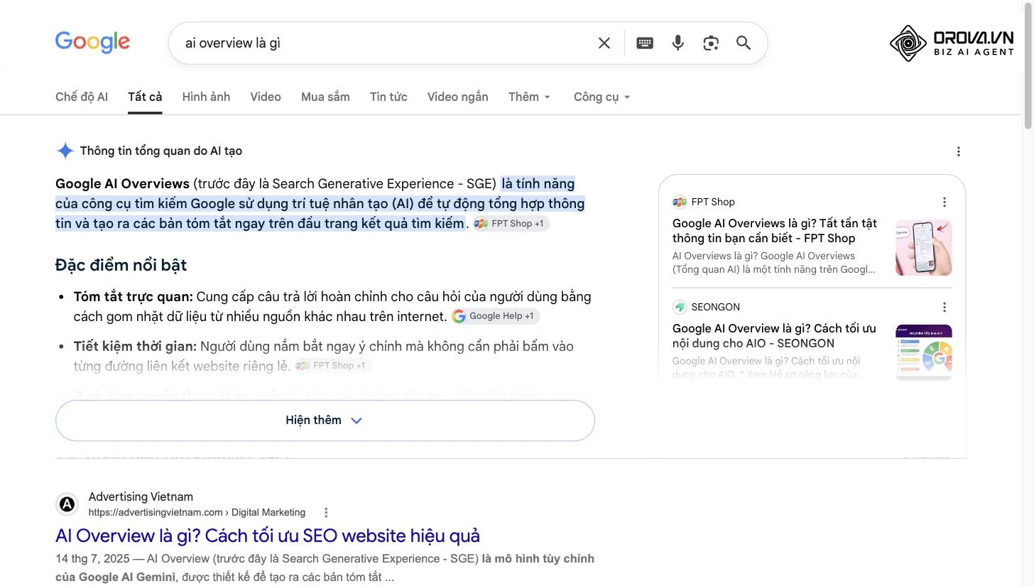 Google giờ đây sử dụng Trí tuệ nhân tạo tạo sinh (Generative AI) để tổng hợp, phân tích và đưa ra một câu trả lời hoàn chỉnh ngay trên đầu trang kết quả tìm kiếm (SERP).