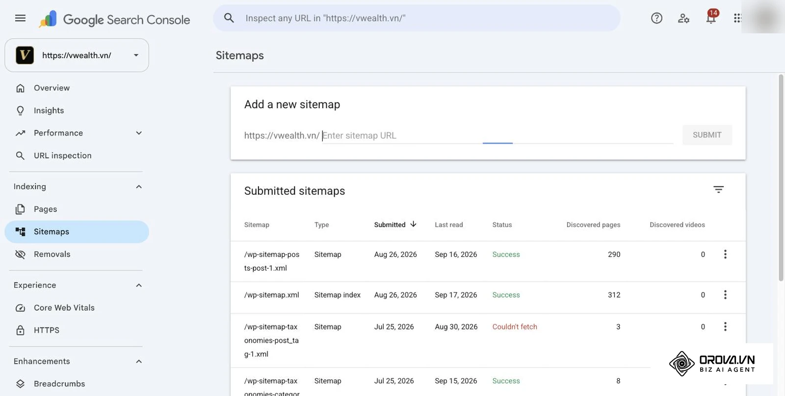 របាយការណ៍ Sitemaps ក្នុង Google Search Console របស់ vwealth.vn បង្ហាញ sitemap index និង sitemap តូចៗ