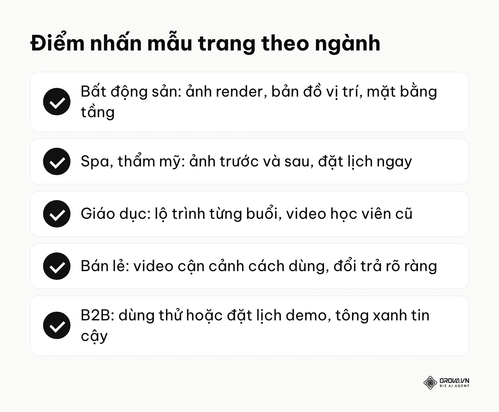 Bảng tóm tắt điểm nhấn của mẫu landing page theo 5 nhóm ngành