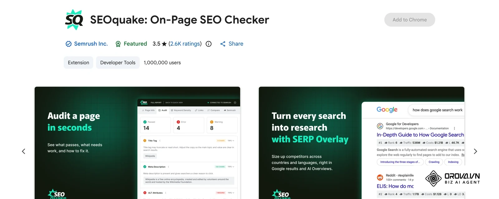 ទំព័រ SEOquake: On-Page SEO Checker លើ Chrome Web Store របស់ Semrush Inc. ជាមួយរូបភាពគំរូផ្ទាំង Audit និង SERP Overlay