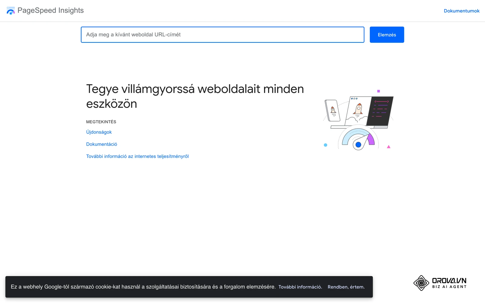 A Google PageSpeed Insights felülete: a digitális ellenőrzőlista mobilbarát kialakításra vonatkozó pontja itt vizsgálható egy cég weboldalán.
