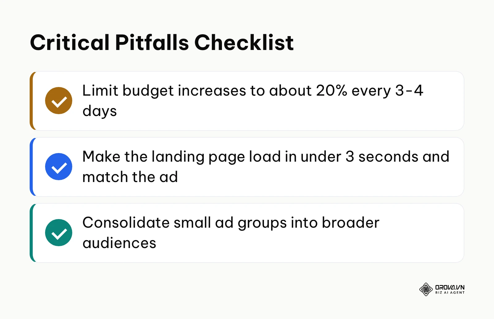 Checklist summarizing common mistakes like changing budgets too fast or ignoring landing page speed