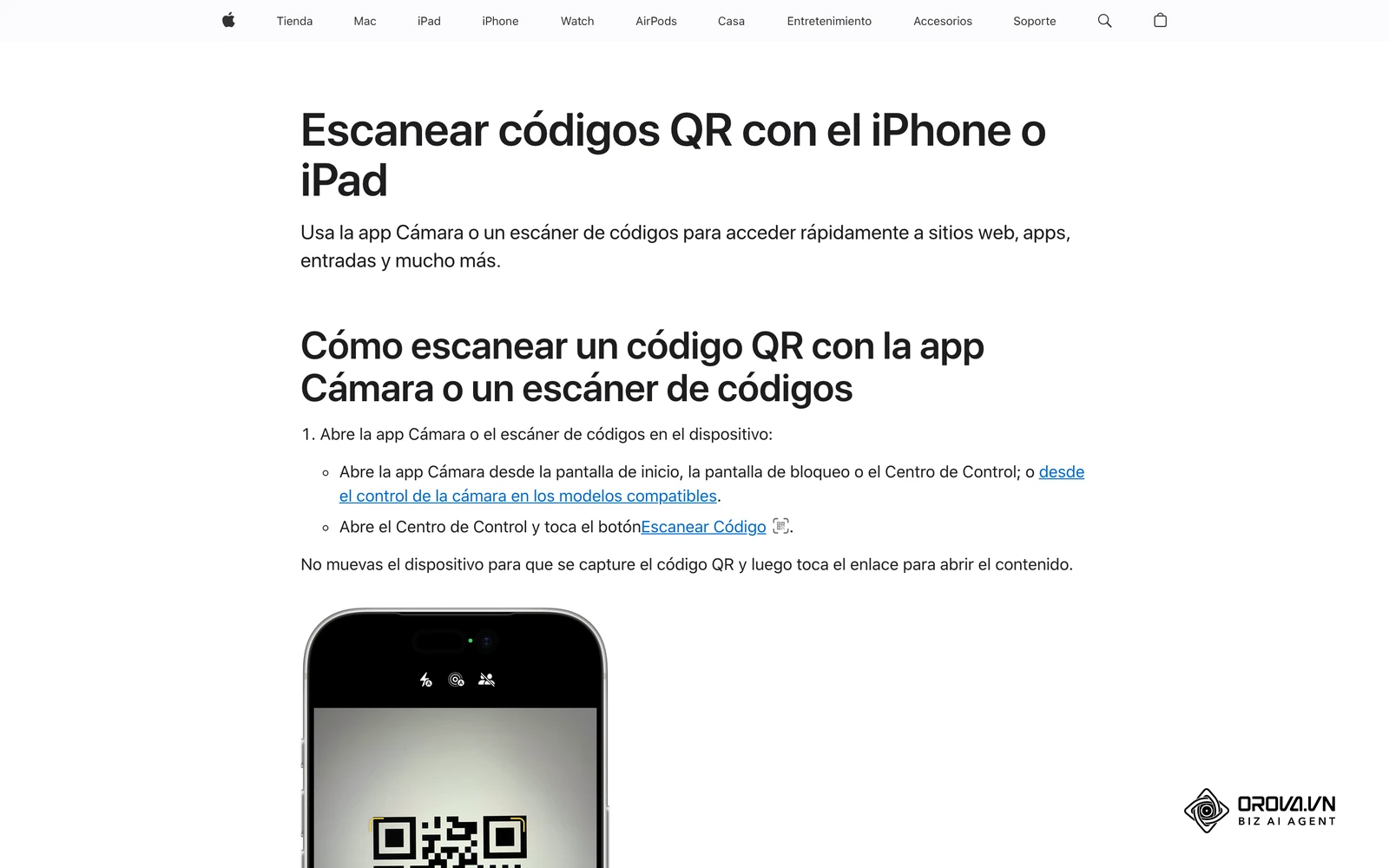 Guía oficial de Apple para escanear códigos QR con la cámara del iPhone o iPad.