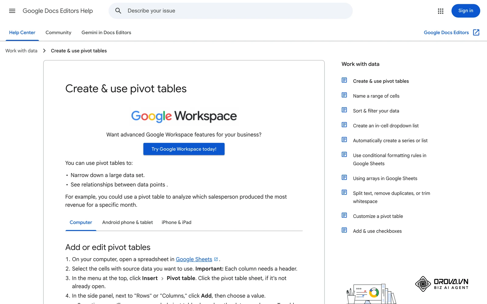 Opisyal na tulong ng Google Docs Editors (bersyong Ingles, wala pang Filipino): paano gumawa at gumamit ng pivot table sa Google Sheets para pagsamahin ang benta bawat buwan o channel.