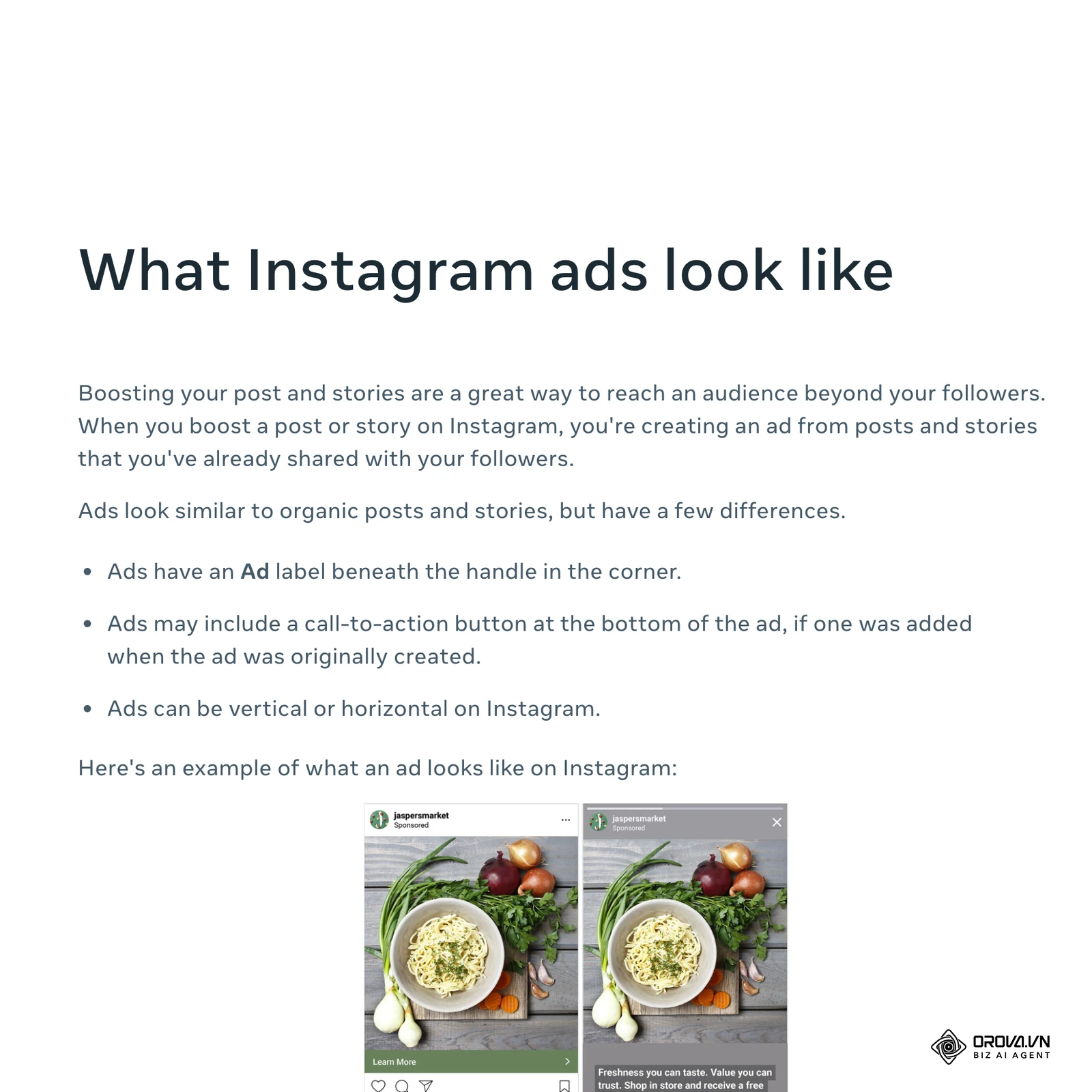 Meta centar za pomoć (engleski): „What Instagram ads look like“ – oznaka Ad ispod imena naloga, dugme poziva na akciju i Meta primer oglasa u fidu i u Stories formatu.