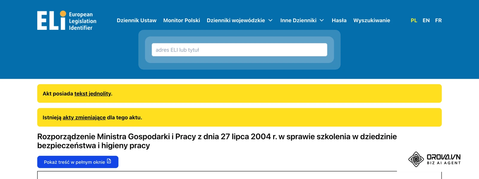 Strona rozporządzenia w sprawie szkolenia w dziedzinie BHP w serwisie ELI z informacją o tekście jednolitym i aktach zmieniających