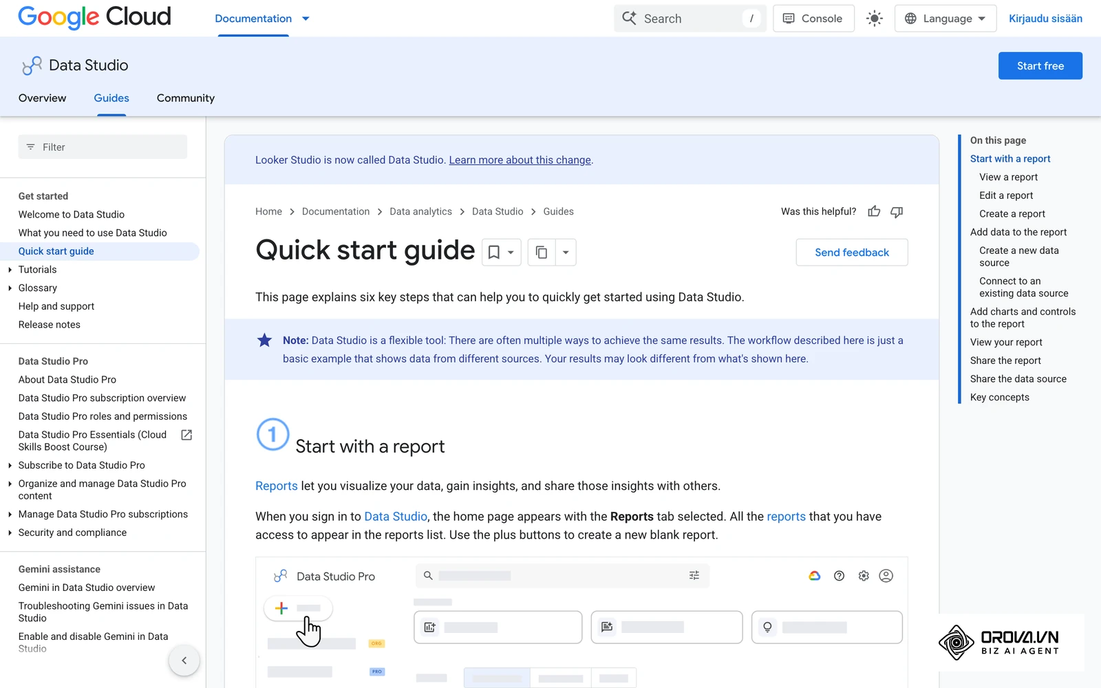 Googlen Data Studion pika-aloitusopas: tietolähteen liittäminen raporttiin ja kaavioiden lisääminen samaan näkymään.