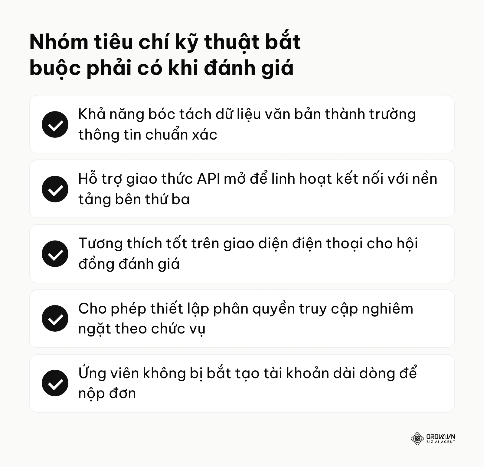 Danh sách tóm tắt 5 nhóm tiêu chí bắt buộc khi doanh nghiệp đánh giá một nền tảng công nghệ nhân sự mới.
