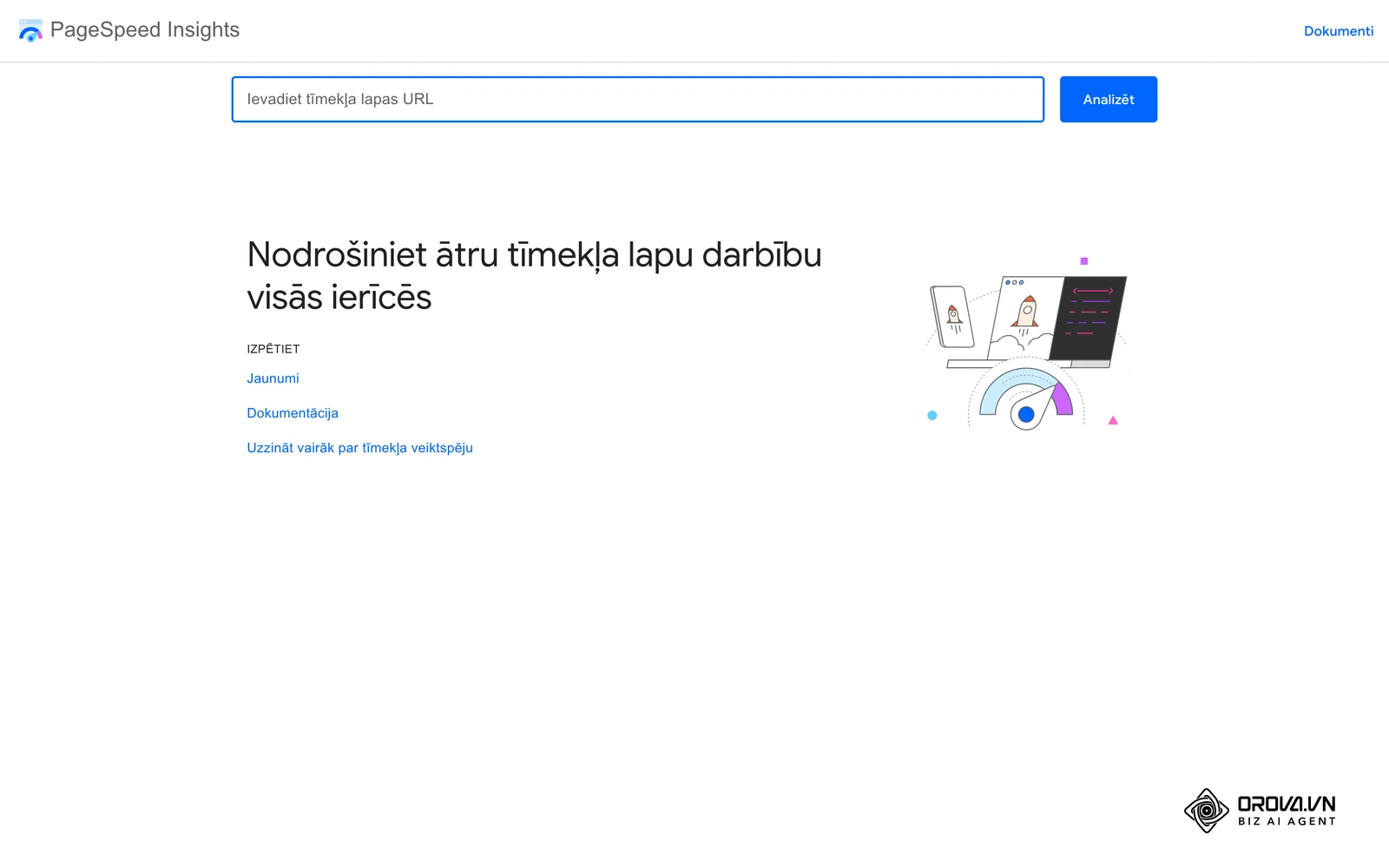 Google PageSpeed Insights: laukā ievada lapas URL un nospiež “Analizēt”, lai redzētu Core Web Vitals un ieteikumus.