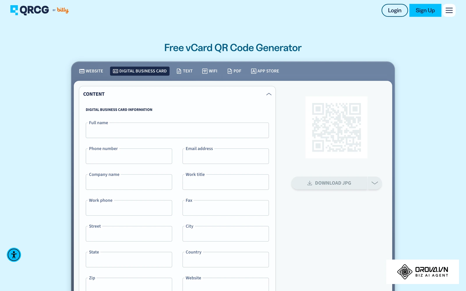 Générateur vCard de QR Code Generator : nom, téléphone, e-mail, société et fonction sont saisis dans des champs séparés, puis encodés dans un QR code de carte de visite.
