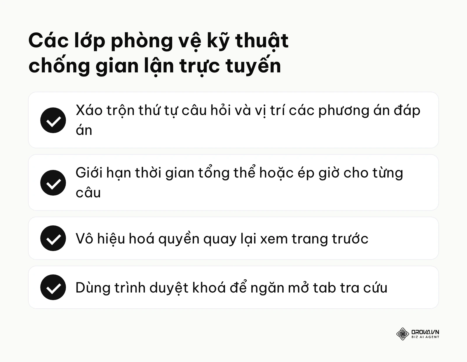 Danh sách 4 lớp phòng vệ gồm xáo trộn câu, ép thời gian, vô hiệu nút quay lại và khoá tab.