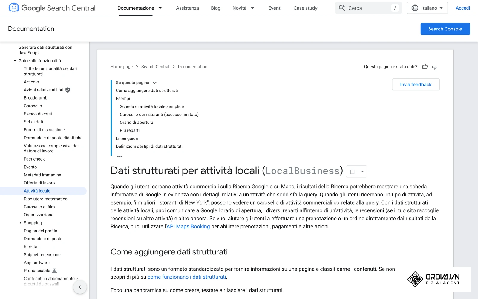Documentazione di Google Search Central sui dati strutturati per attività locali (LocalBusiness).