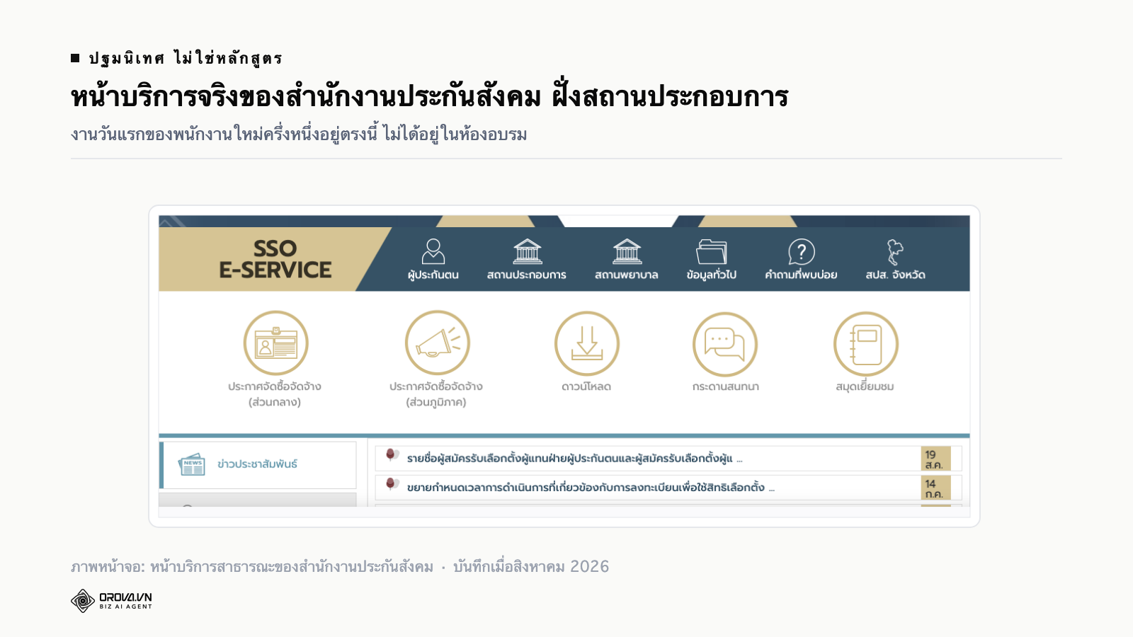 ภาพหน้าจอหน้าบริการสาธารณะของสำนักงานประกันสังคม แถบ SSO E-SERVICE ที่มีเมนูสำหรับสถานประกอบการ