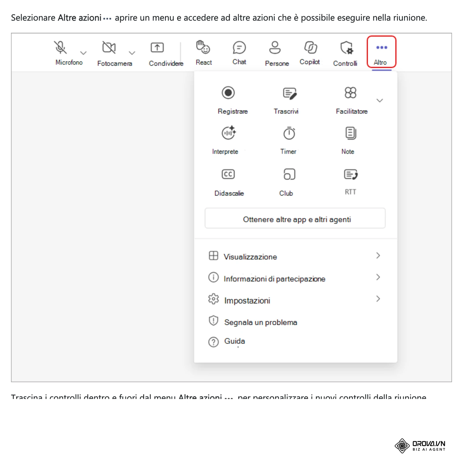 Guida di Microsoft Teams: la barra dei controlli della riunione con il menu Altre azioni (registrazione, trascrizione, sottotitoli, note).