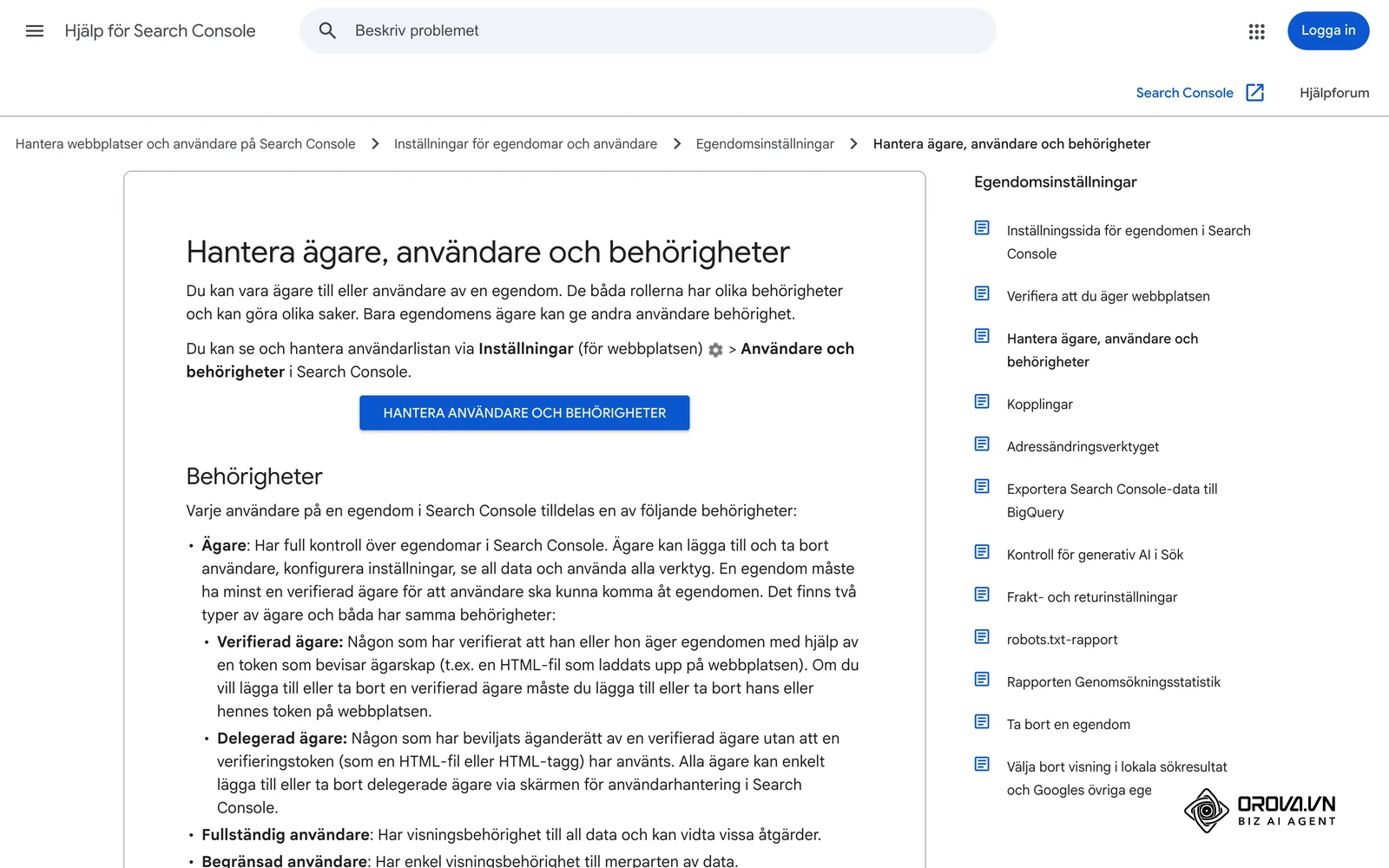 Hjälp för Search Console: hantera ägare, användare och behörigheter (Inställningar > Användare och behörigheter).
