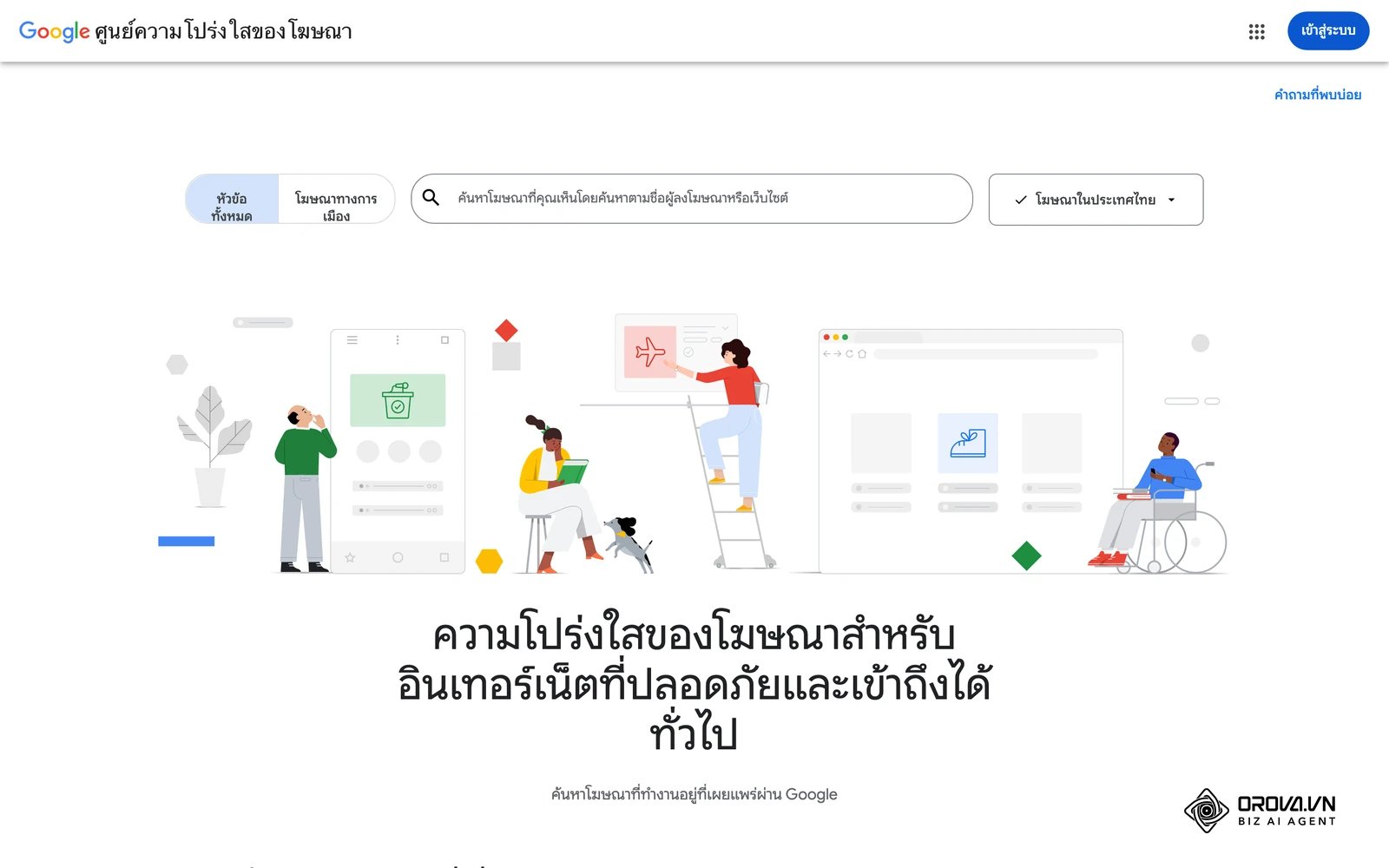 หน้าค้นหาของ Google Ads Transparency Center ที่ตั้งภูมิภาคเป็นประเทศไทย ใช้ค้นดูโฆษณาที่คู่แข่งกำลังลง