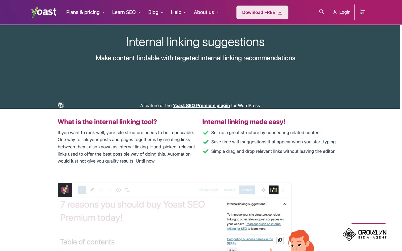 หน้าฟีเจอร์ Internal linking suggestions ของ Yoast SEO ปลั๊กอิน WordPress ที่แนะนำบทความเก่าที่ควรเชื่อมลิงก์ถึงกัน