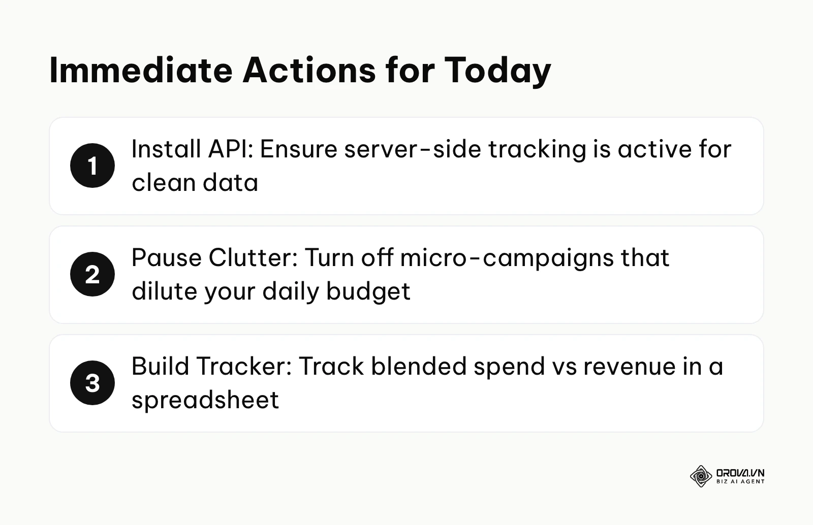 Numbered list detailing immediate actions: Install API, Pause Clutter, and Build Tracker.