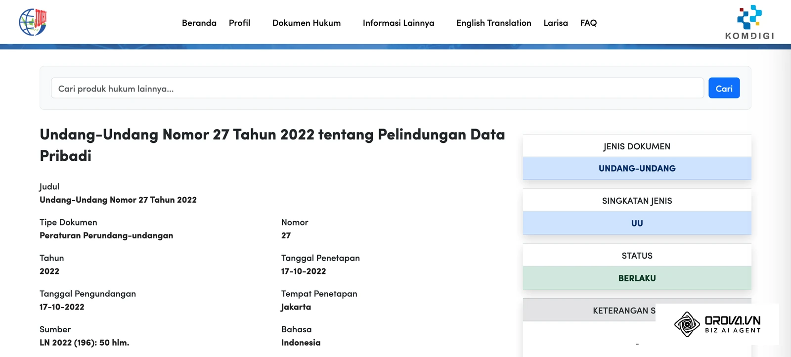 Halaman resmi JDIH Kementerian Komunikasi dan Digital untuk Undang-Undang Nomor 27 Tahun 2022 tentang Pelindungan Data Pribadi, rujukan saat ATS menyimpan dan memproses CV pelamar.