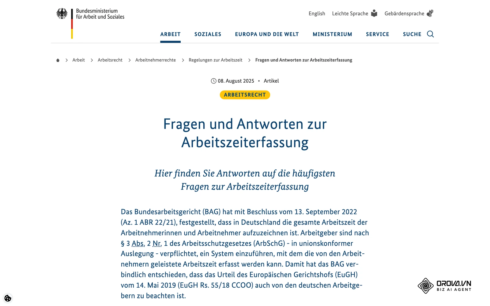 Fragen und Antworten des BMAS zur Arbeitszeiterfassung: Was erfasst werden muss und dass derzeit keine Formvorschrift besteht.