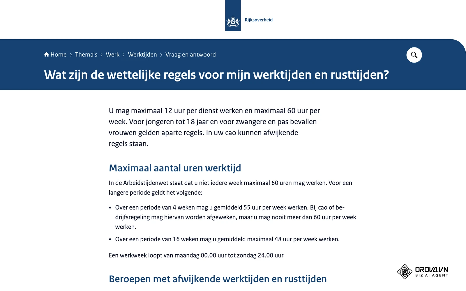 Rijksoverheid.nl: de wettelijke regels voor werktijden en rusttijden uit de Arbeidstijdenwet (maximaal 12 uur per dienst, 60 uur per week, 11 uur rust na een werkdag).