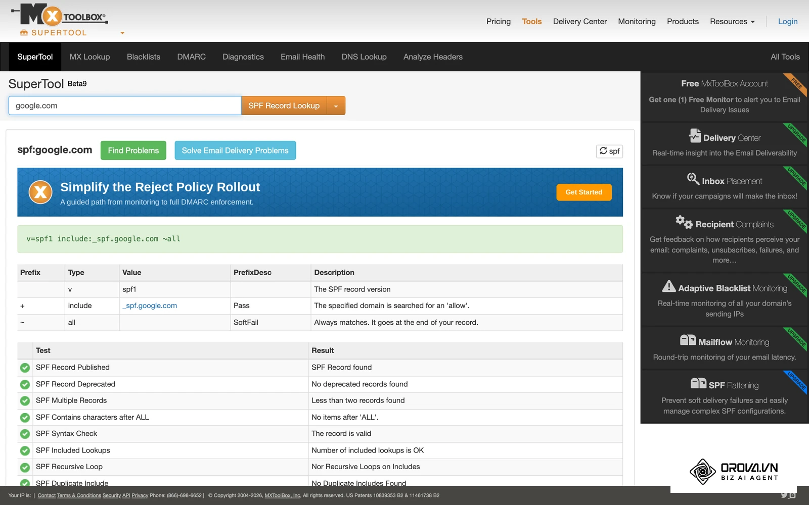 Wynik sprawdzenia rekordu SPF w MXToolbox (przykładowa domena google.com) — od takiego testu warto zacząć przygotowanie firmowej domeny do wysyłek.