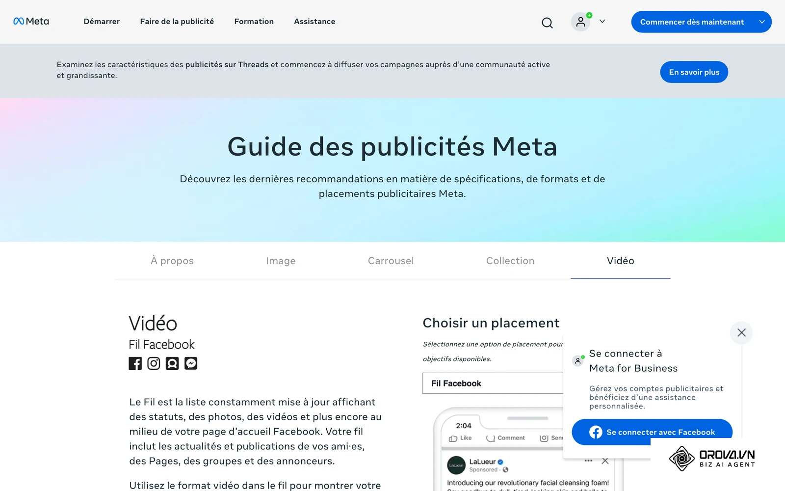 Guide officiel des publicités Meta : spécifications des publicités vidéo par emplacement (ratios, résolution, durée).