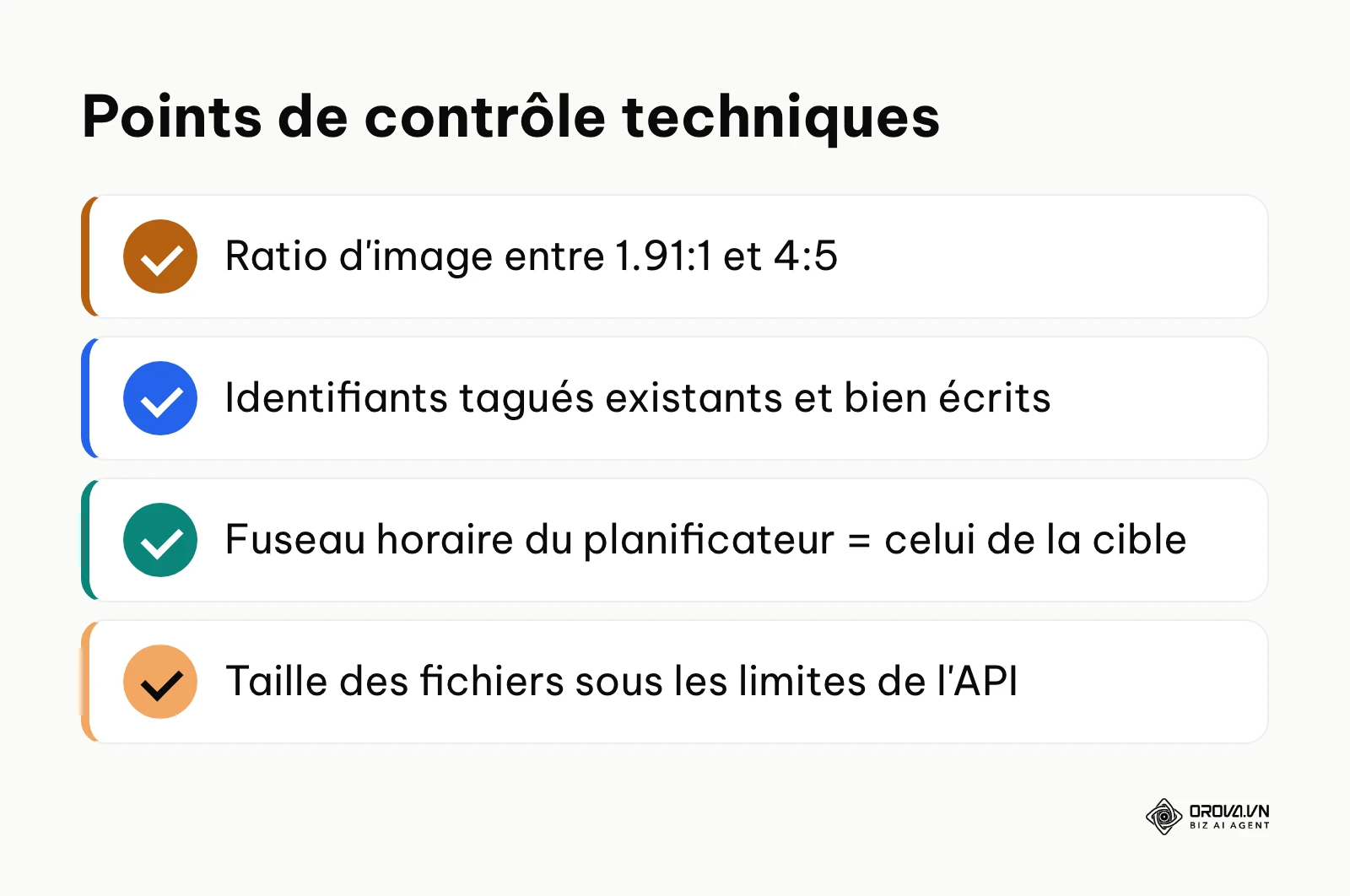 Liste des quatre vérifications techniques à faire avant de programmer un contenu.