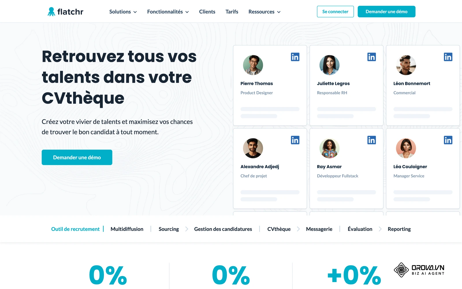 Page CVthèque de l'éditeur Flatchr : vivier de talents présenté sous forme de fiches profils.