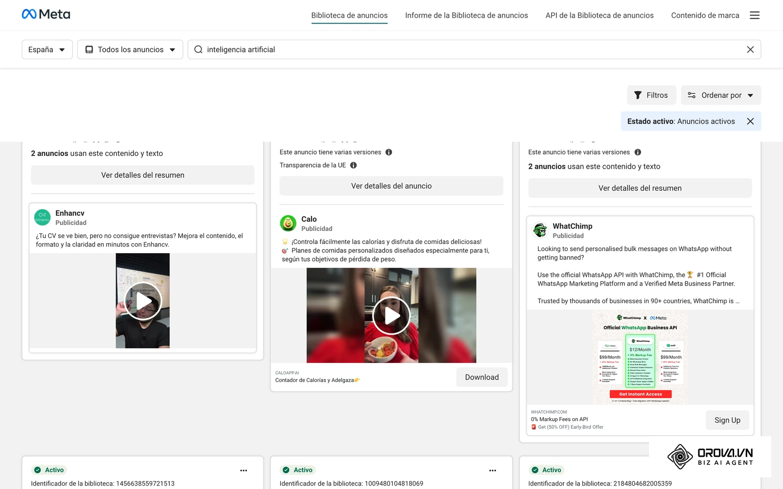 Biblioteca de Anuncios de Meta: anuncios activos en España que mencionan «inteligencia artificial», con sus variantes creativas publicadas en Facebook e Instagram.