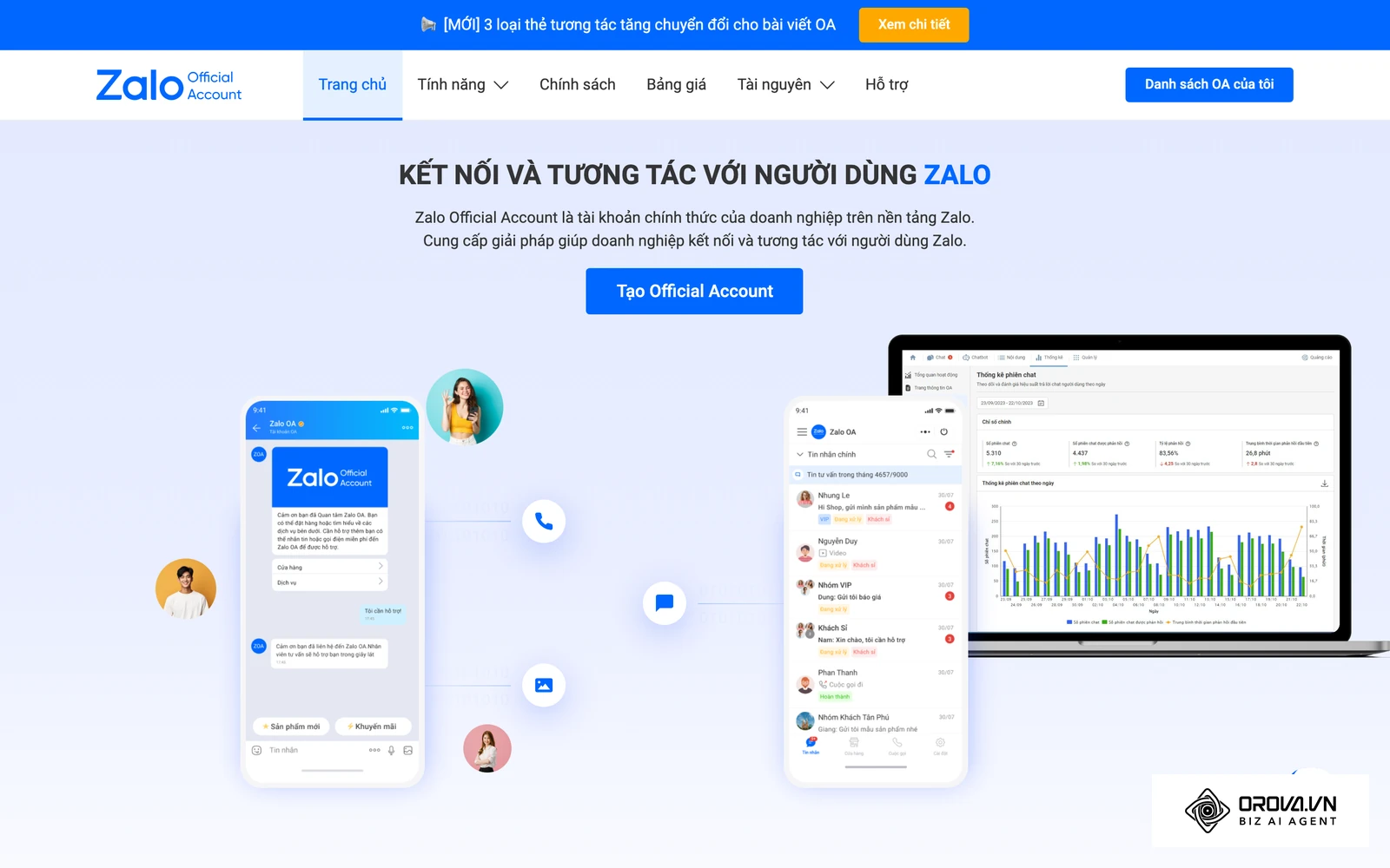 Trang Zalo Official Account (oa.zalo.me), nơi doanh nghiệp tạo và xác thực OA trước khi chạy quảng cáo Zalo.