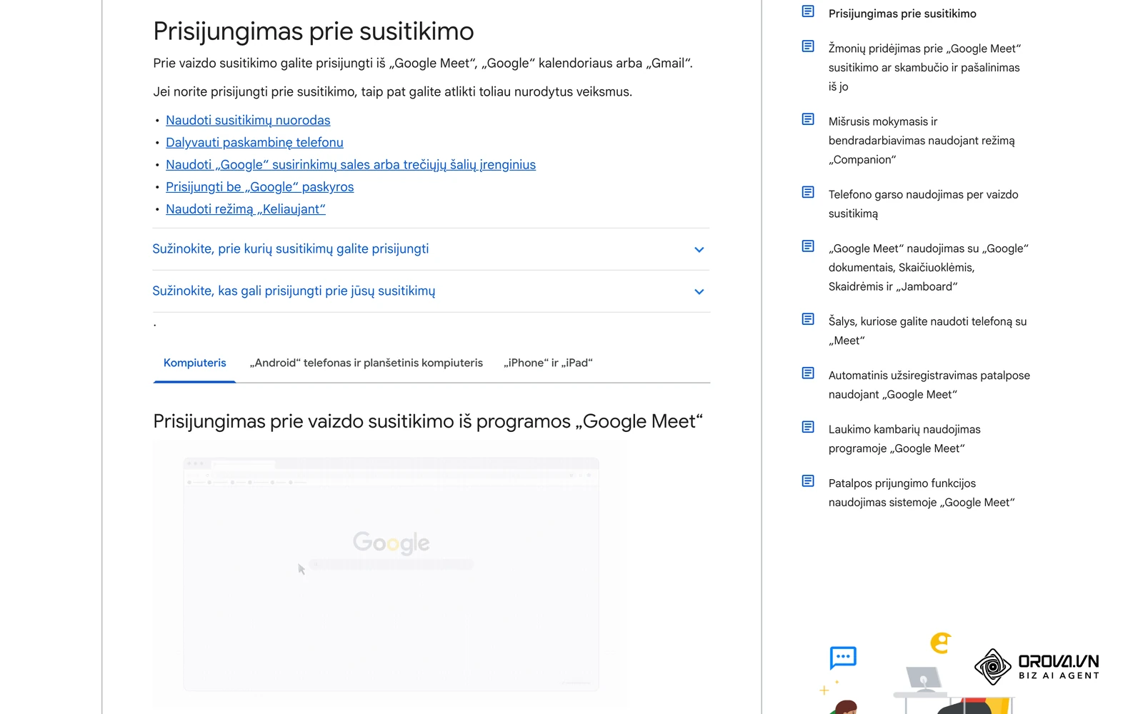 „Google Meet“ žinyno instrukcija, kaip dalyviai prisijungia prie susitikimo naršyklėje.