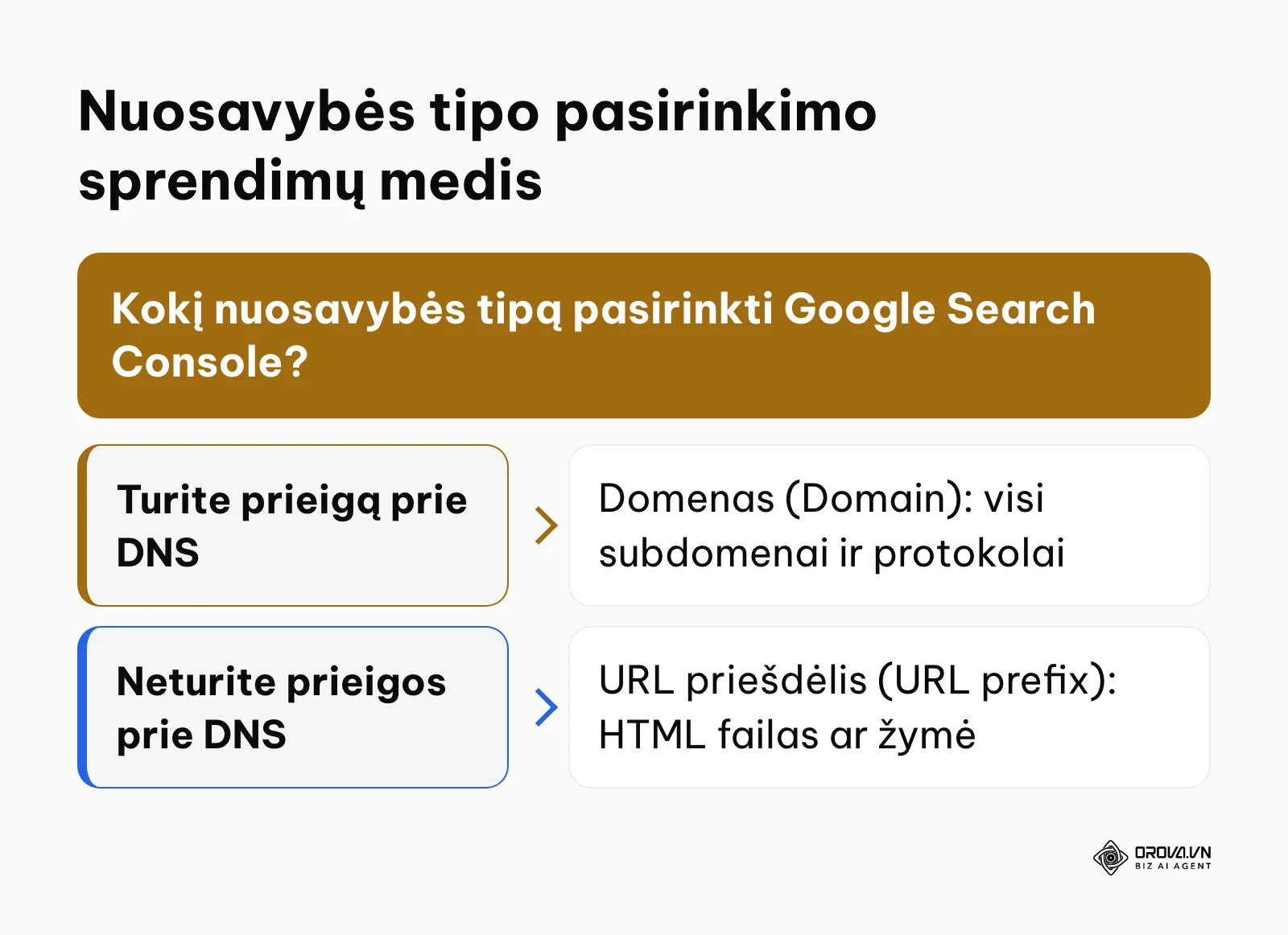 Sprendimų medis pasirenkant Google Search Console nuosavybės tipą pagal technines prieigas