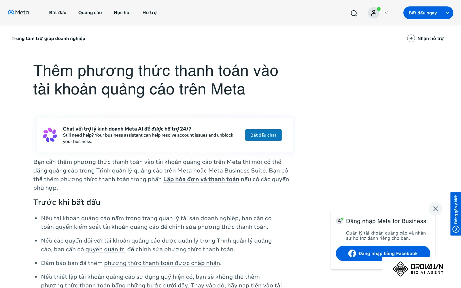 Trang trợ giúp chính thức của Meta hướng dẫn thêm phương thức thanh toán vào tài khoản quảng cáo hiện có