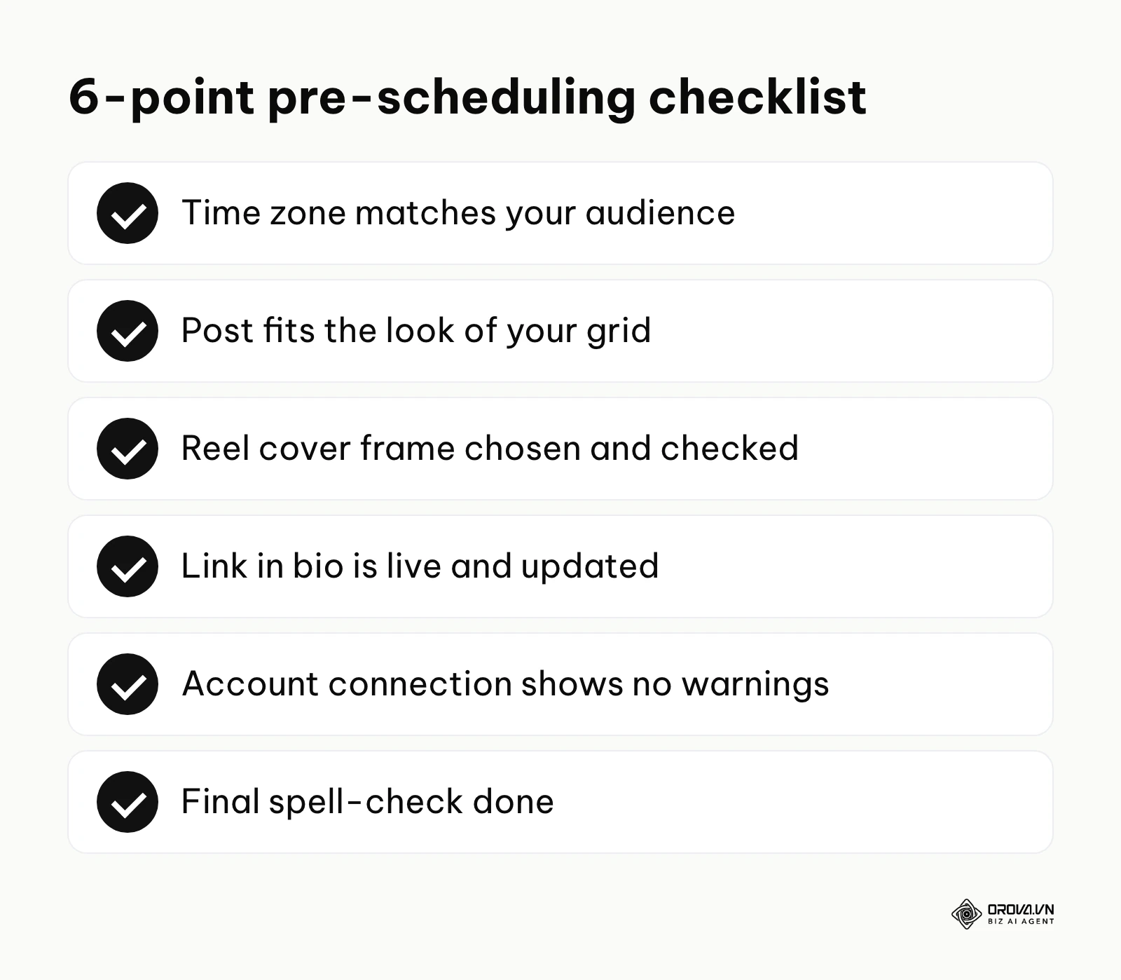 Checklist of 6 items to verify before scheduling an Instagram post