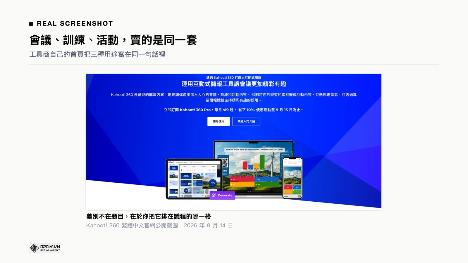 Kahoot! 360 繁體中文官網首頁，主打把簡報、訓練與活動內容變成互動式內容，畫面上有筆電、平板與手機同時顯示題目與 QR Code
