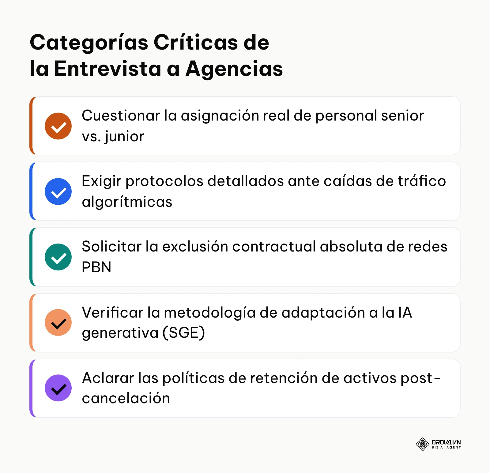 Resumen de las áreas más importantes a cubrir durante las entrevistas con proveedores SEO