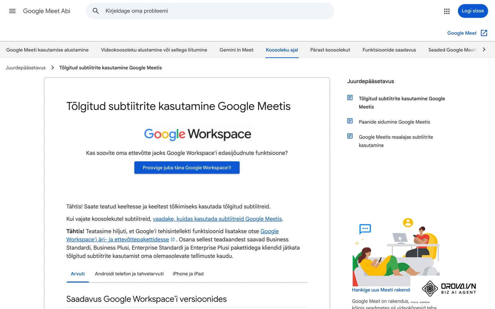 Google Meeti abileht tõlgitud subtiitrite sisselülitamise ja keele valimise kohta (eestikeelne versioon).