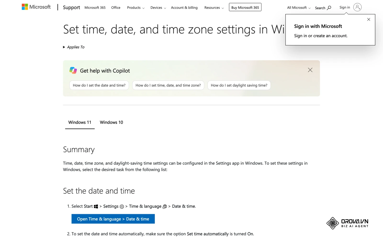 ការណែនាំរបស់ Microsoft អំពីការកំណត់ម៉ោង និងល្វែងម៉ោងលើកុំព្យូទ័រ Windows។
