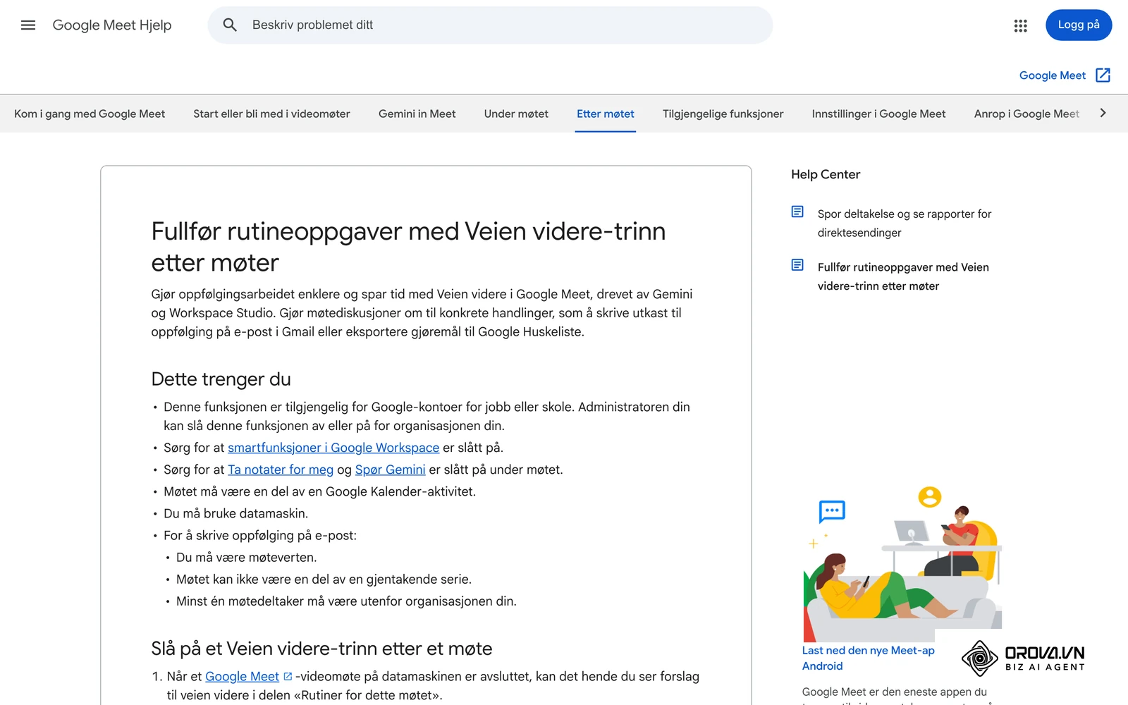 Google Meet sin hjelpeside på norsk om oppfølgingstrinn etter møter.