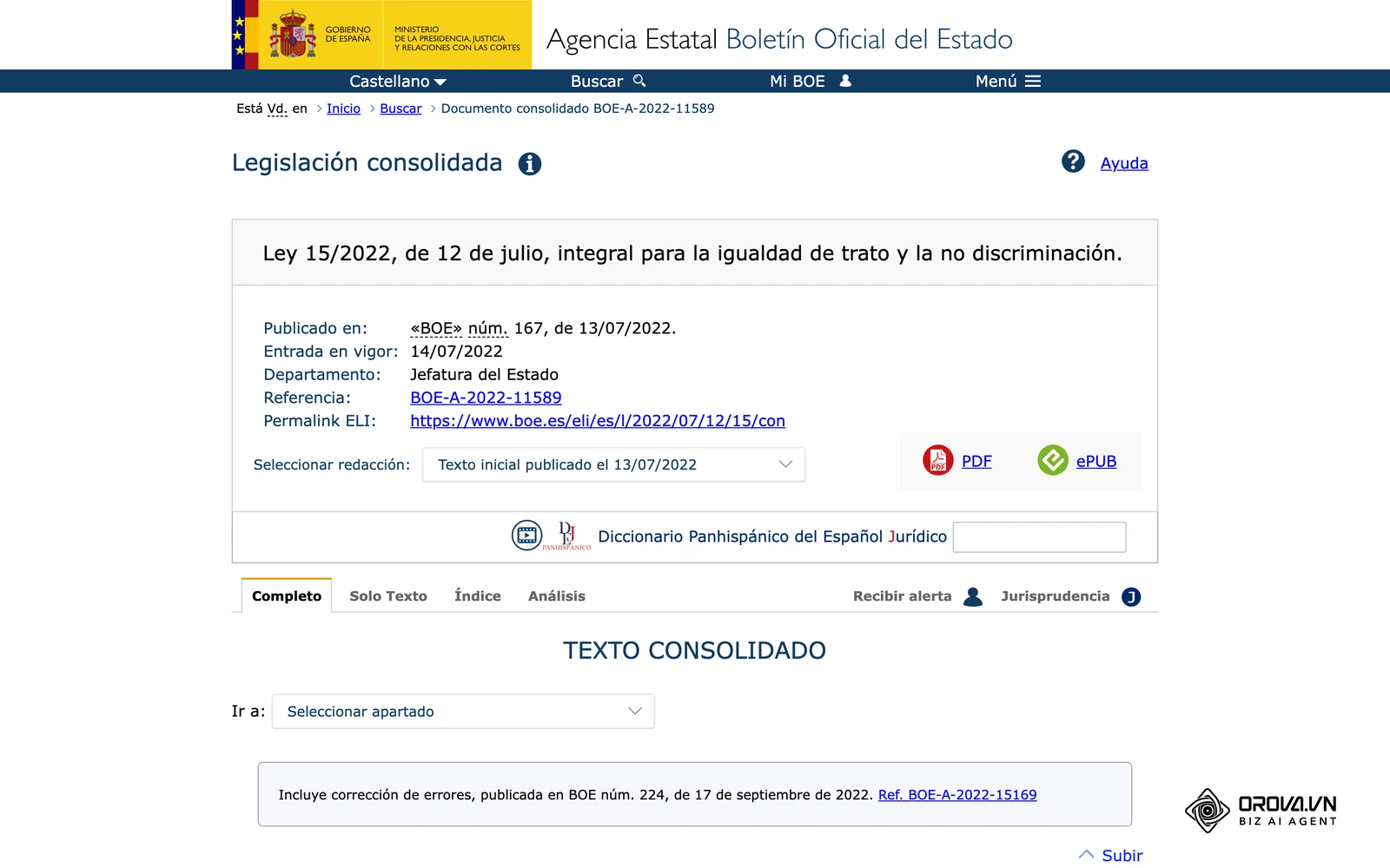 Fitxa de la Llei 15/2022, integral per a la igualtat de tracte i la no discriminació, al BOE, amb el text consolidat on es troba l'article 9.