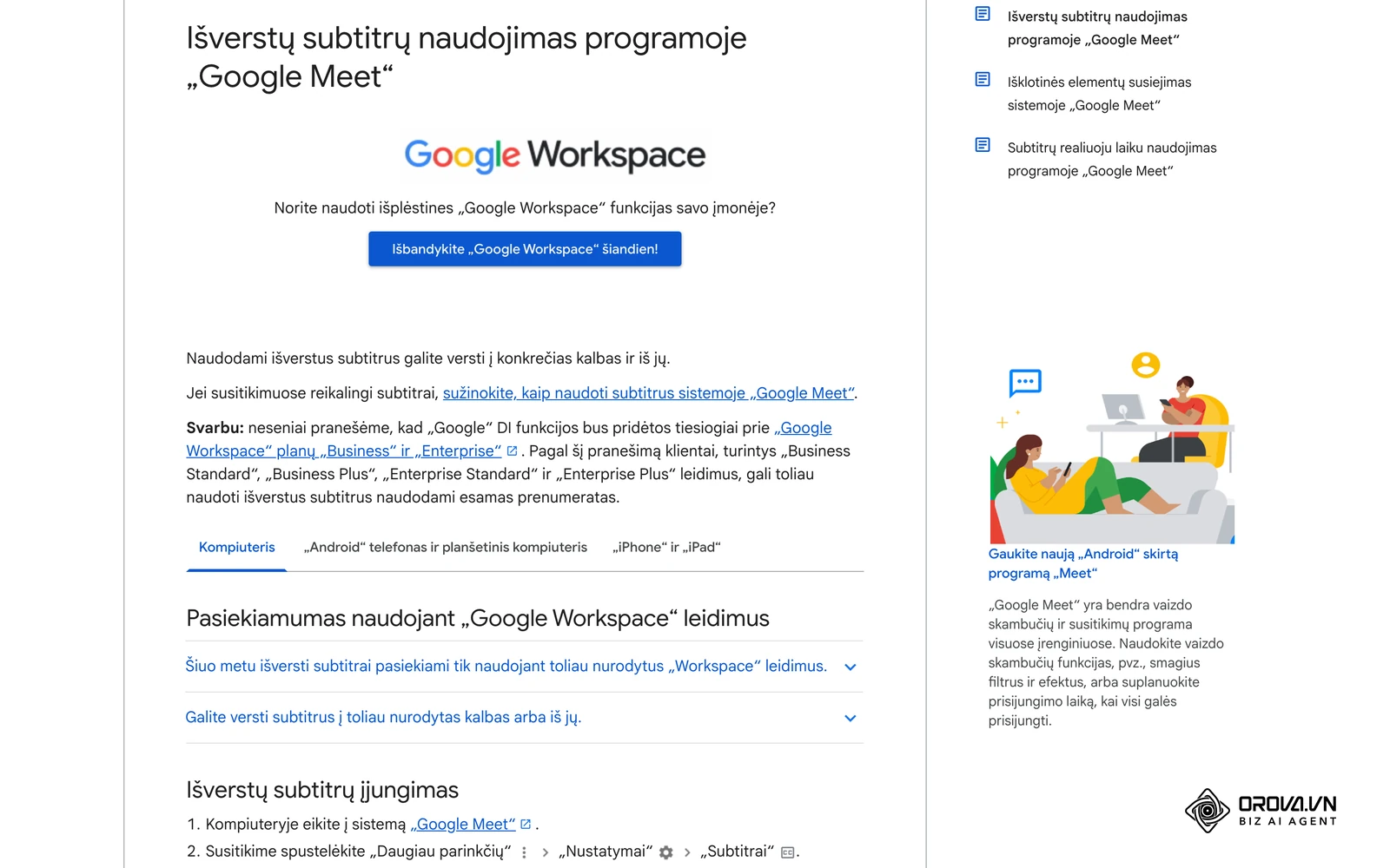 „Google Meet“ žinyno puslapis apie išverstų subtitrų naudojimą susitikimo metu.