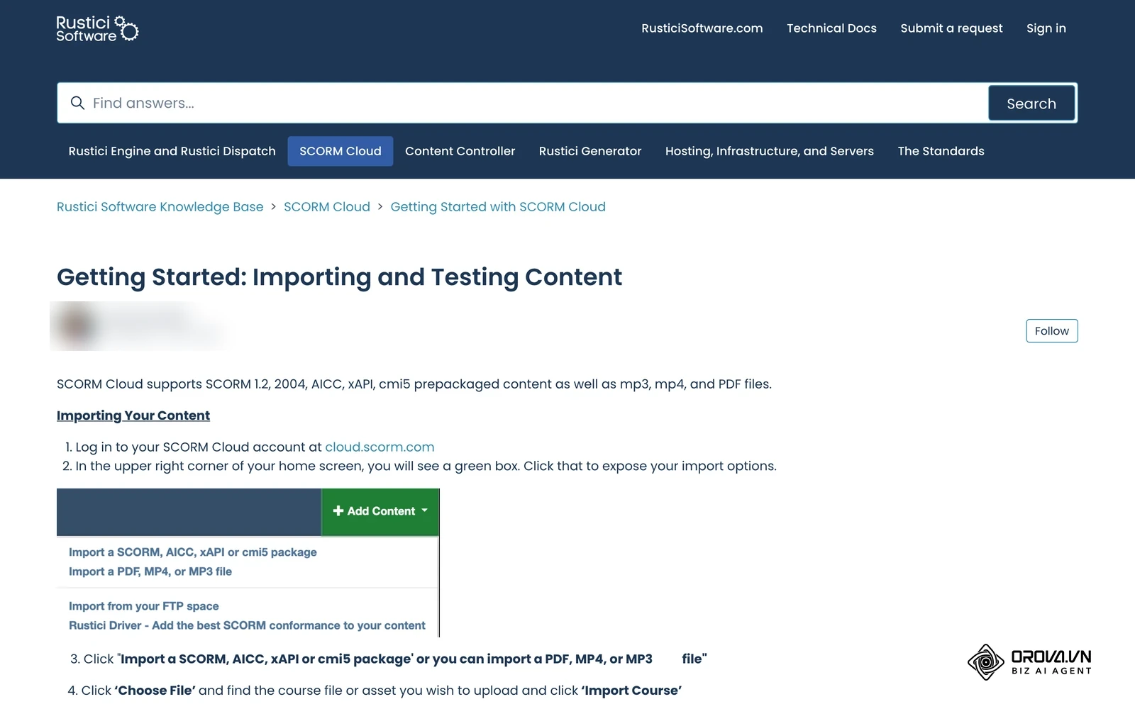 Rustici Software's official SCORM Cloud help article on importing and testing content, with screenshots of the SCORM Cloud library interface.