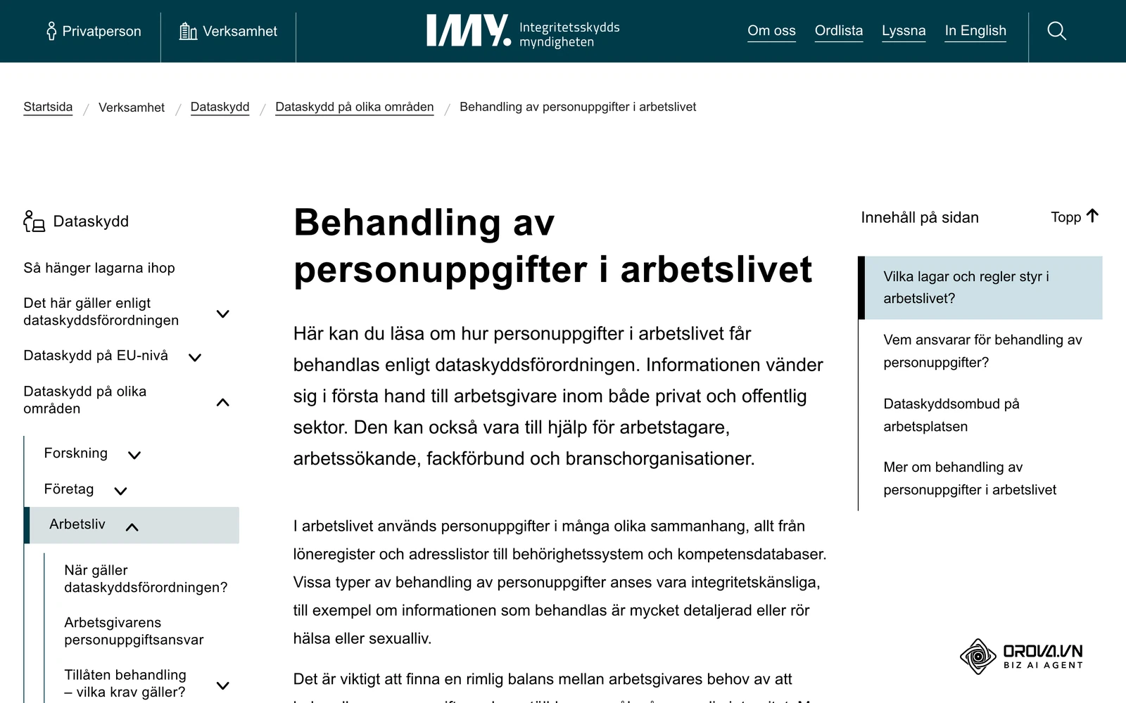 Integritetsskyddsmyndighetens (IMY) sida Behandling av personuppgifter i arbetslivet.