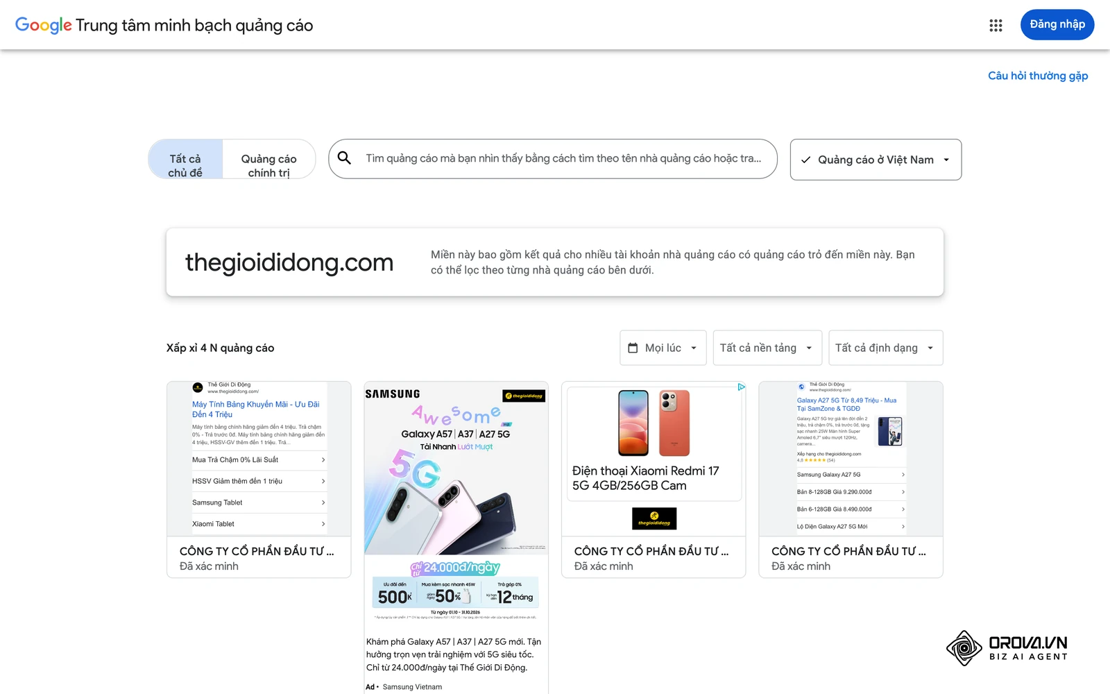 Trung tâm minh bạch quảng cáo Google: danh sách quảng cáo thật của một nhà bán lẻ tại Việt Nam, lọc theo khu vực.